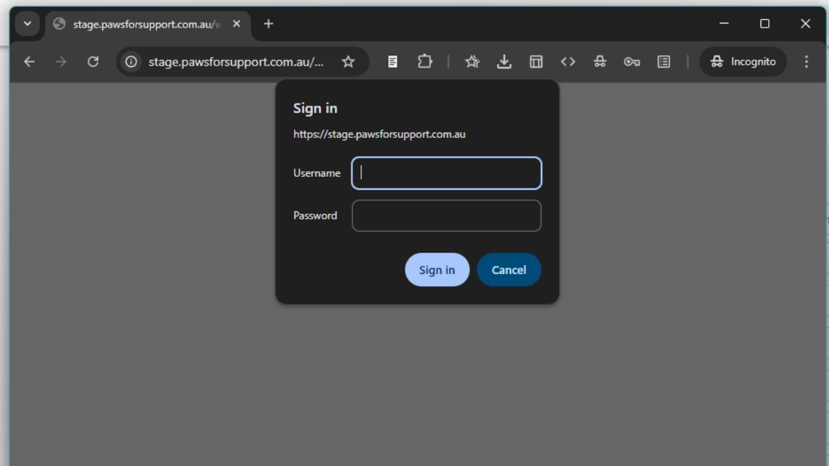 HTTP authentication login prompt protecting a staging WordPress site from unauthorised access