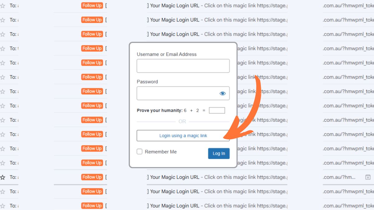 WordPress login screen with magic link option targeted by repeated bot login attempts via exposed username