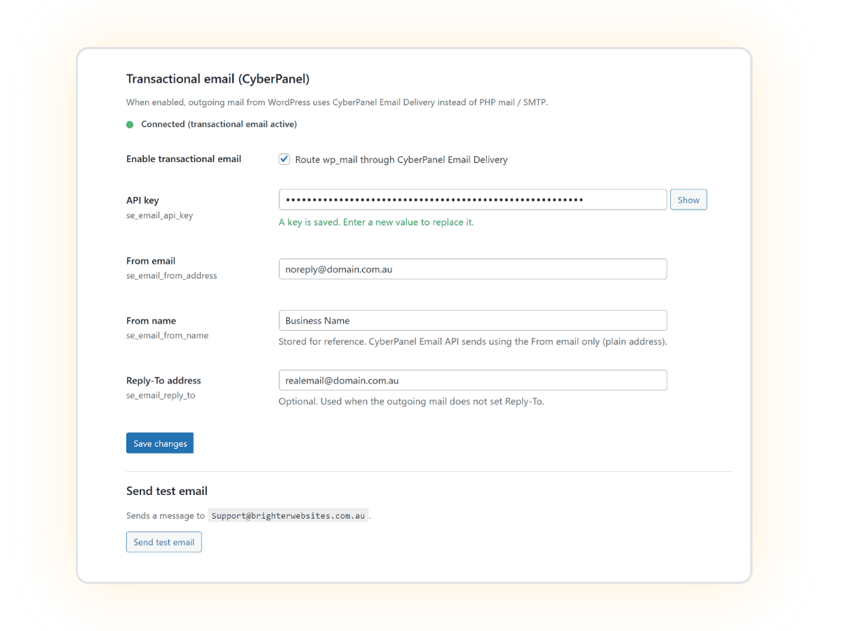 Settings screen configuring CyberPanel transactional email with API key, from address, and reply-to fields