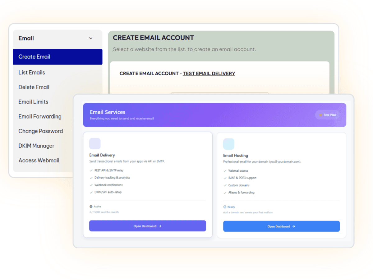 admin showing email delivery services with API and SMTP options alongside CyberPanel VPS email setup