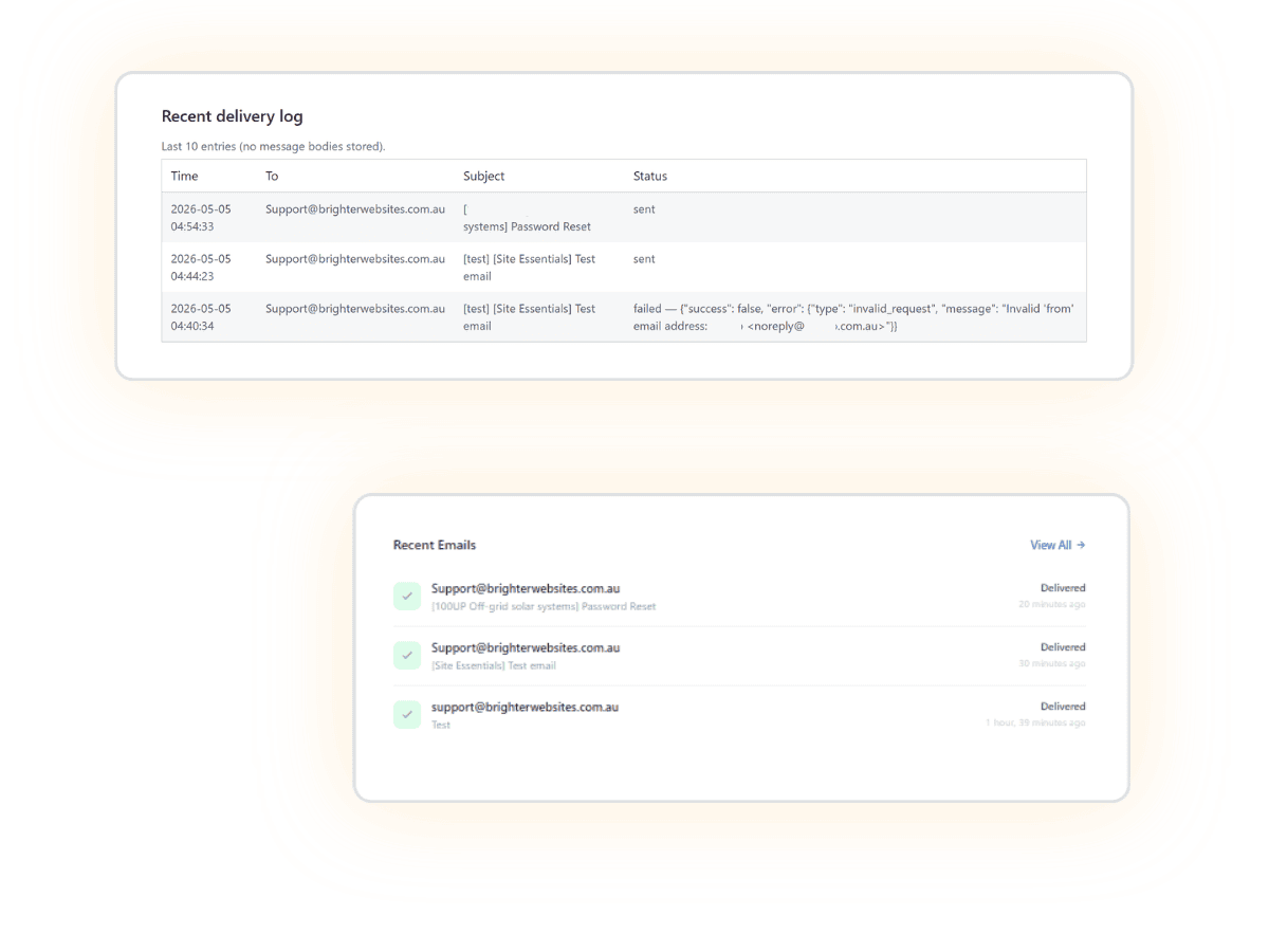 Email delivery log in WordPress showing sent and failed messages with timestamps and error details