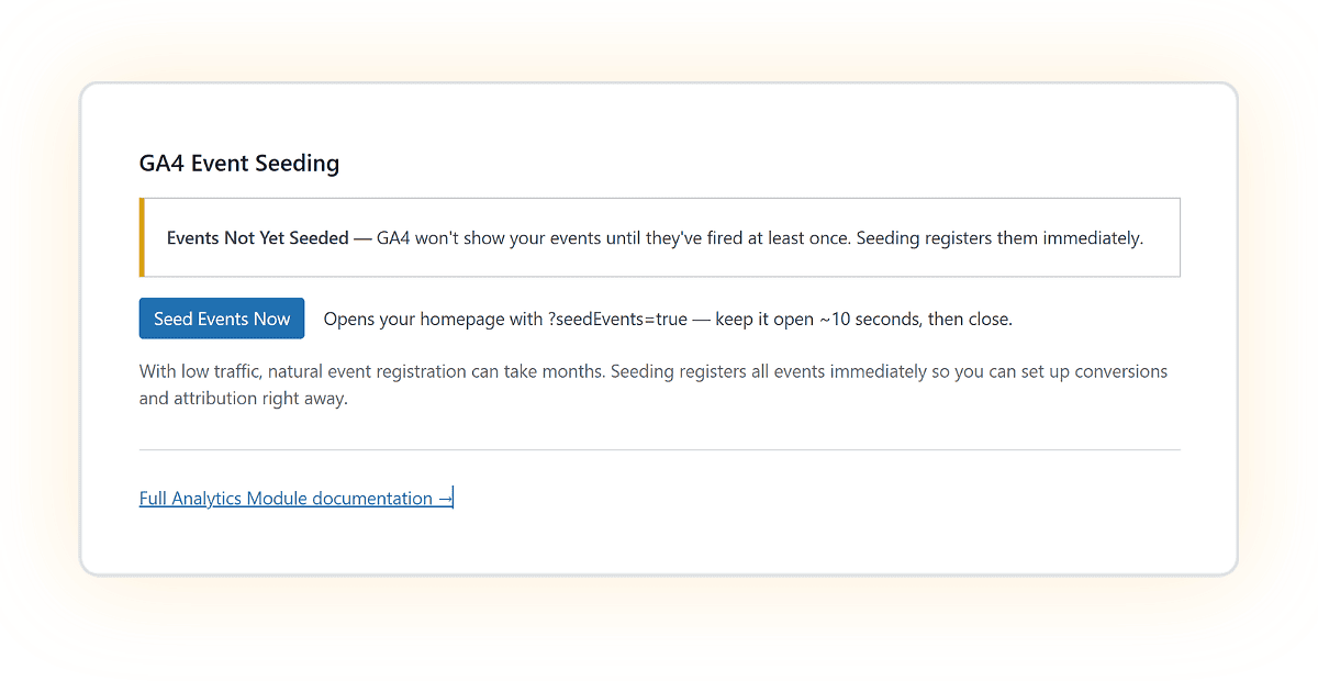How to Seed and registers all GA4 events immediately via SCOS