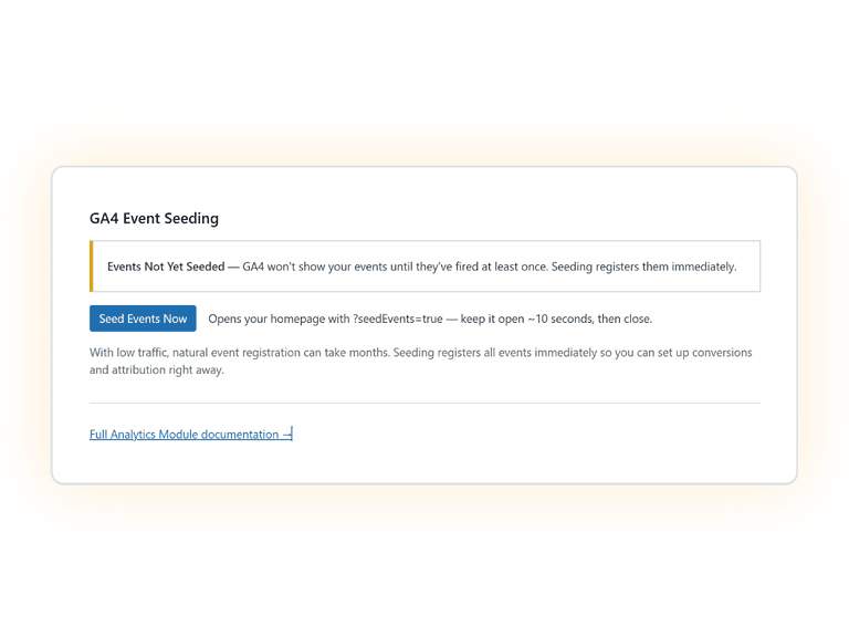 How to Seed and registers all GA4 events immediately via SCOS