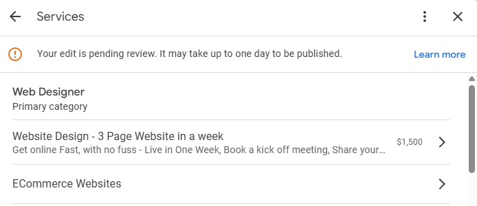 Web design services pending review page.