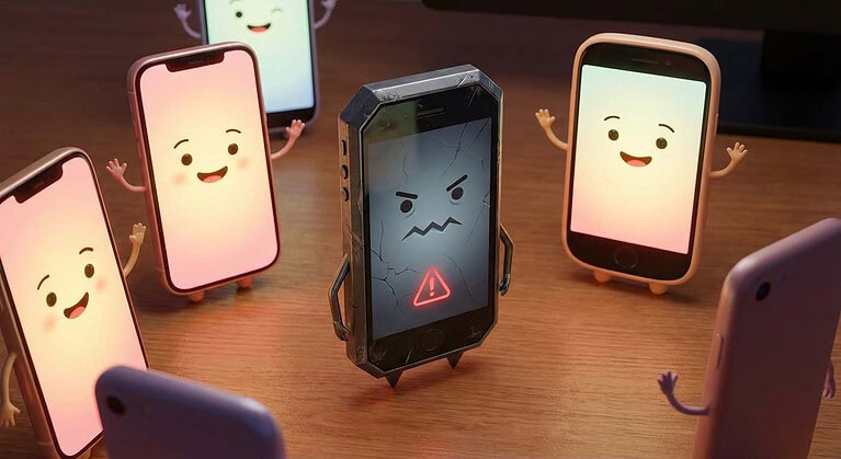 Happy smartphones surrounding an angry cracked phone