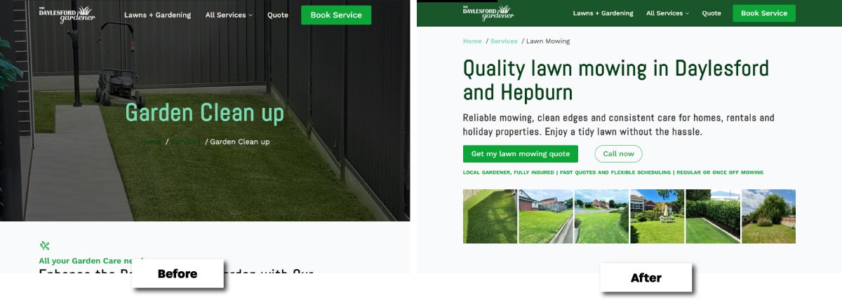 Lawn mowing website redesign before and after comparison