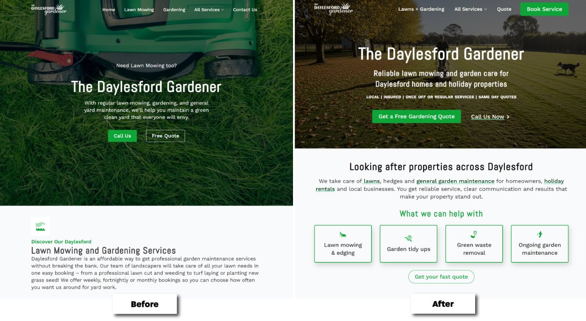 Daylesford Gardener website redesign before and after comparison