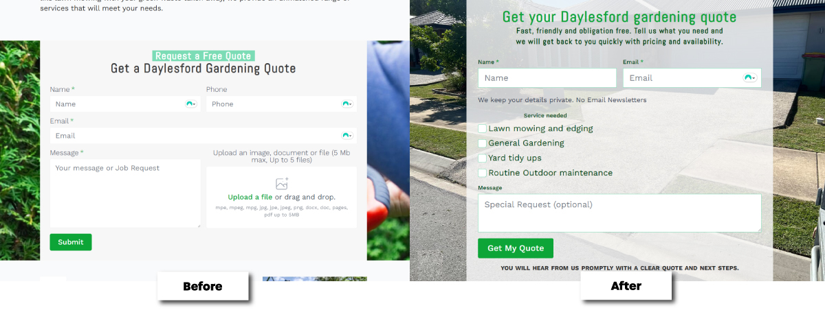 Before and after gardening quote form redesign