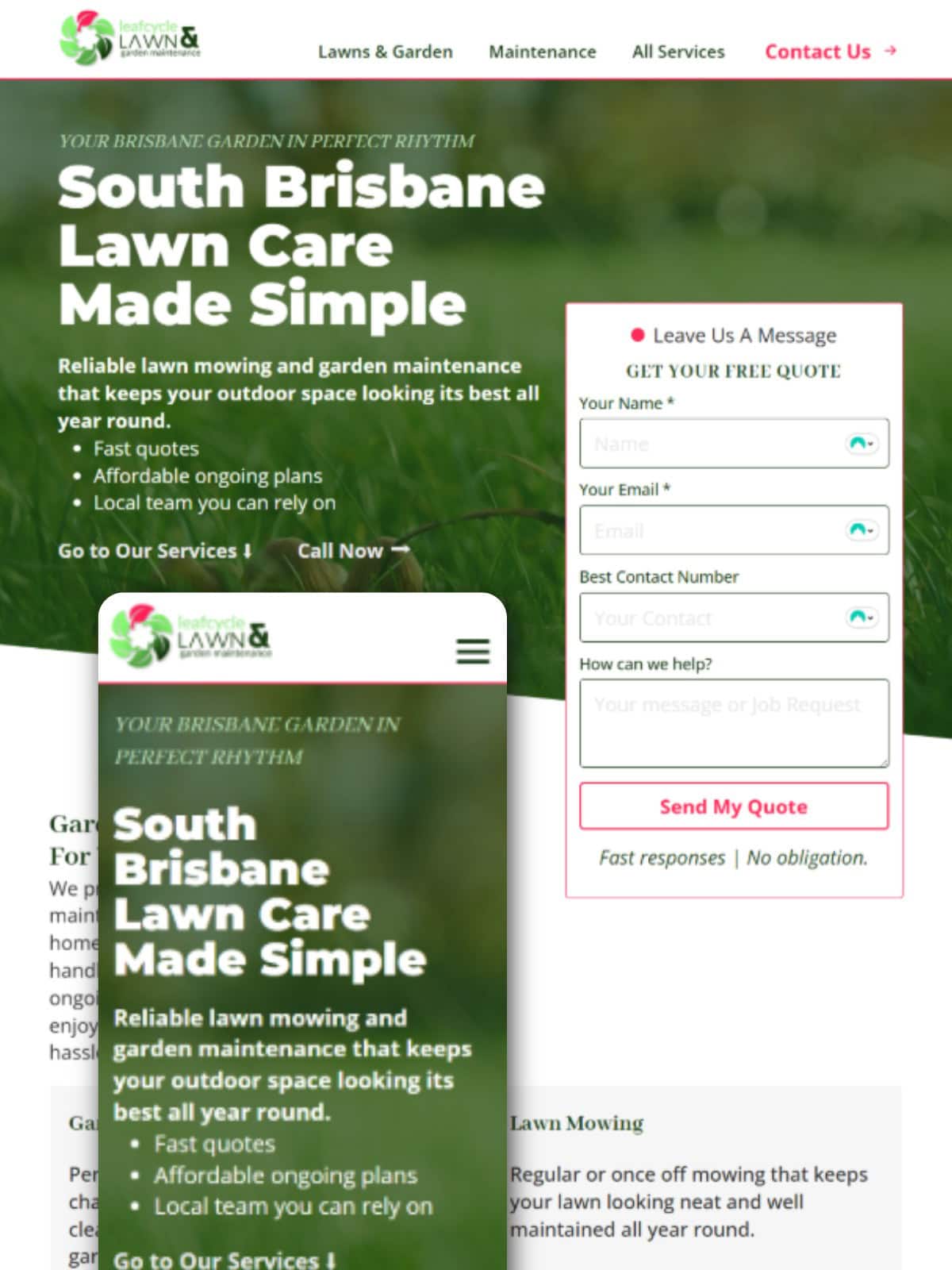 LeafCycle Lawn & Garden Maintenance website homepage with quote form - Desktop and Mobile Hero Sections