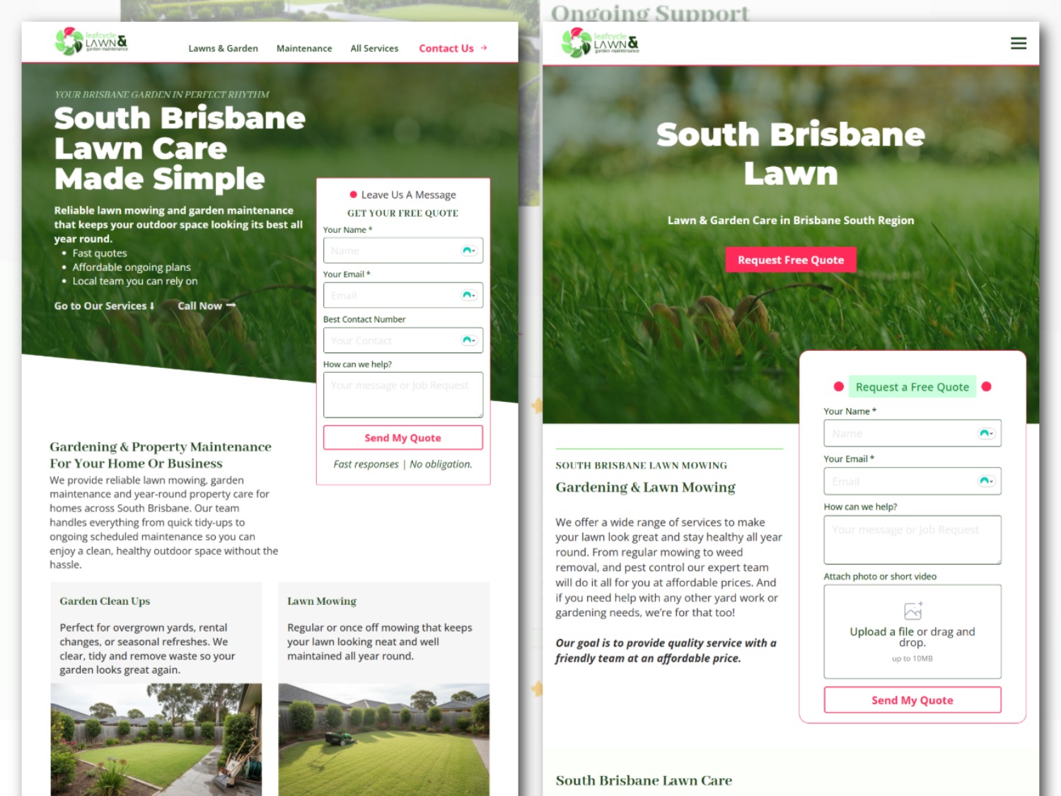 South Brisbane lawn care webpage with quote form and service highlights for mowing and garden clean-up.