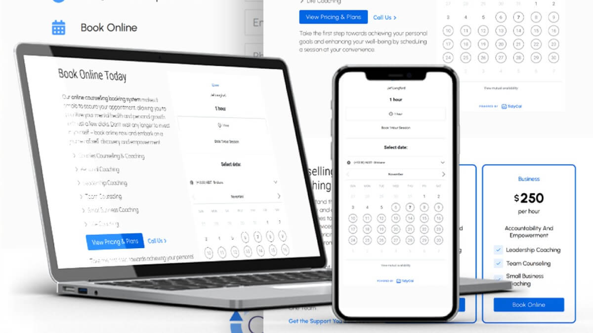 Online counselling booking on laptop and smartphone screens