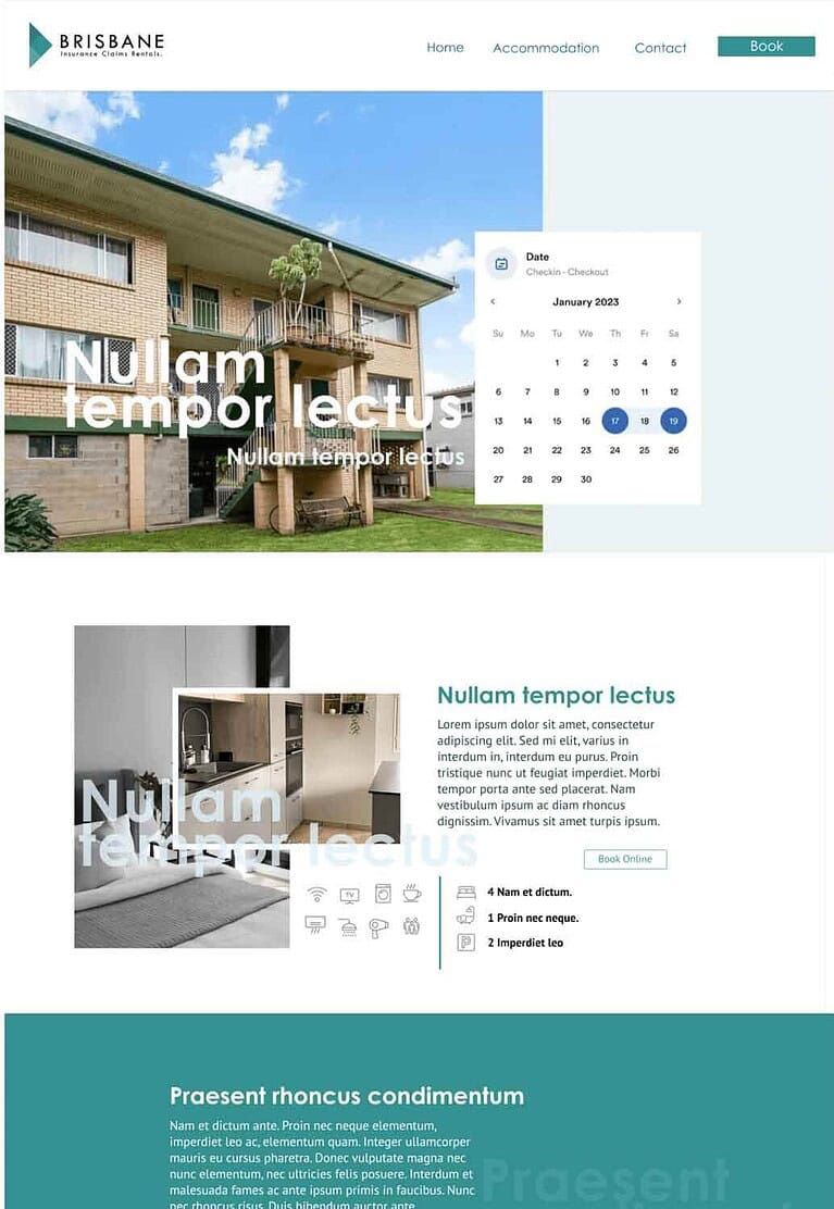 Brisbane insurance accommodation website homepage design showing clear navigation, warm colours, and intuitive booking call-to-action.