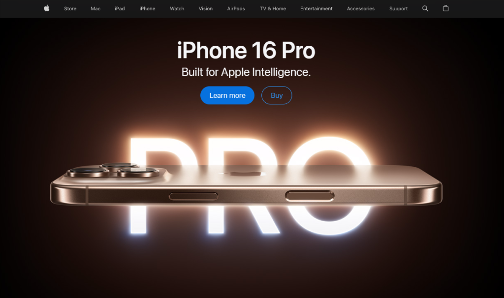 Apple’s website showing Side view of iPhone 16 Pro glowing.