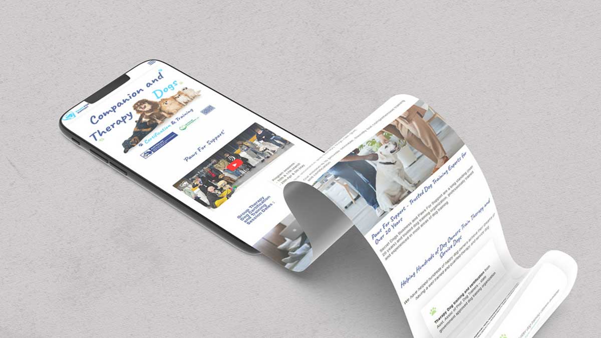 Mobile scroll  website showing companion and therapy dog services