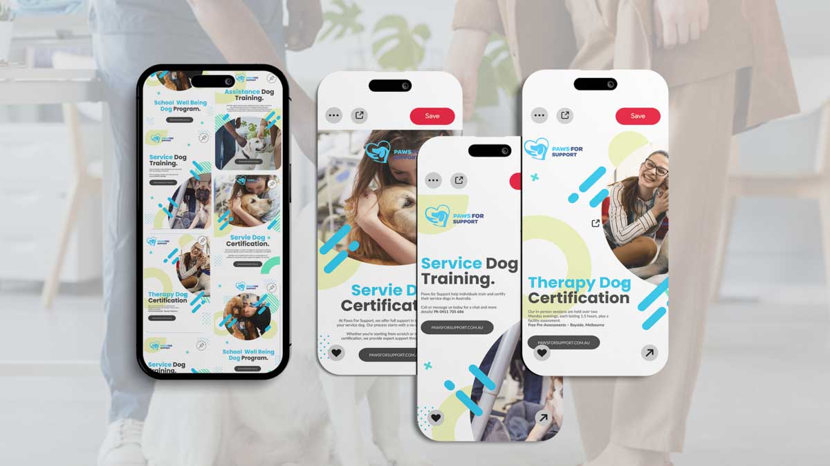 Paws for Support dog training programs on mobile screens