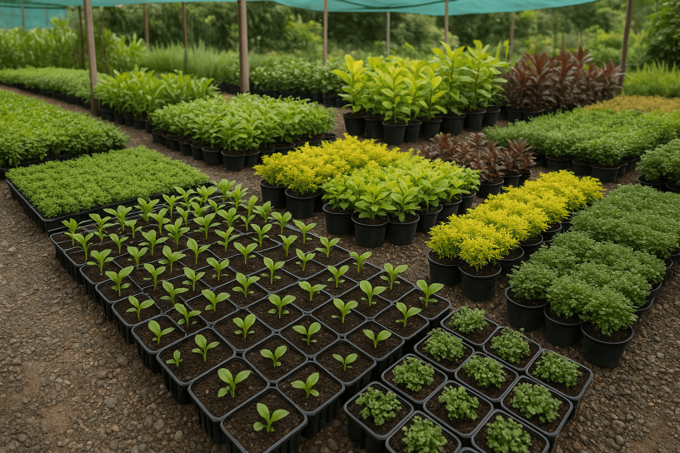 Rows of potted plants in a nursery greenhouse.