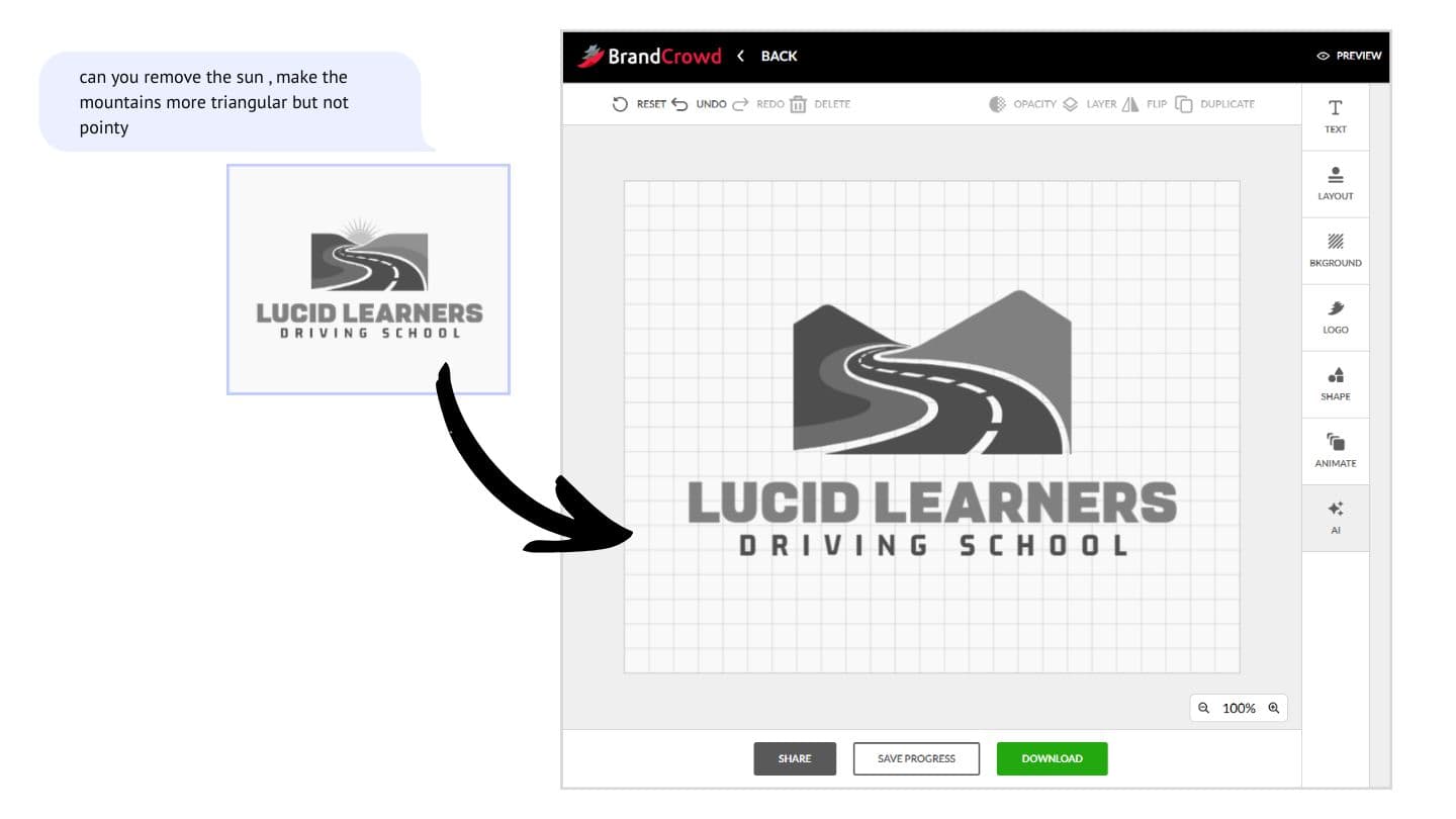 Showing Brandcrowd AI logo editor before and after ai chat changes to initial logo design.