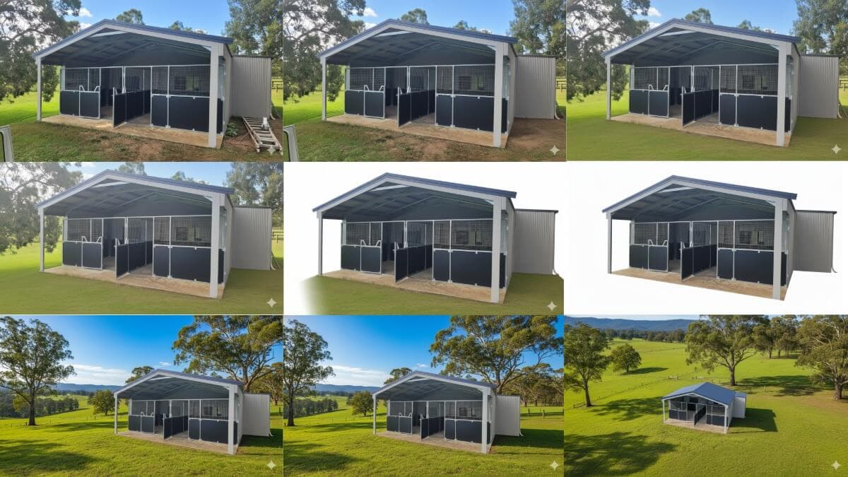 9 step process Using Googles AI Studio NanoBanana to get the prefect shot from original images of a Samford Valley Shed to Horse Stable Conversion for use on a website