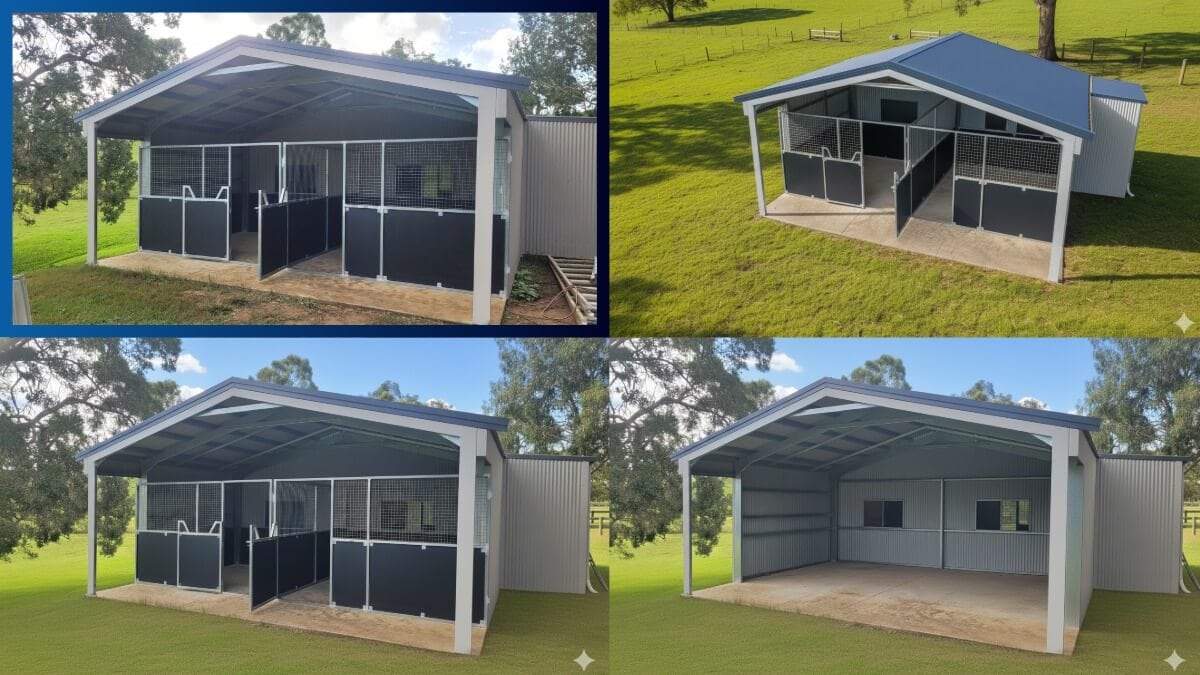 Before and after AI photo enhancements showing a rural Queensland shed. NanoBanana used to adjust lighting, colour, and perspective to create natural-looking, professional website images