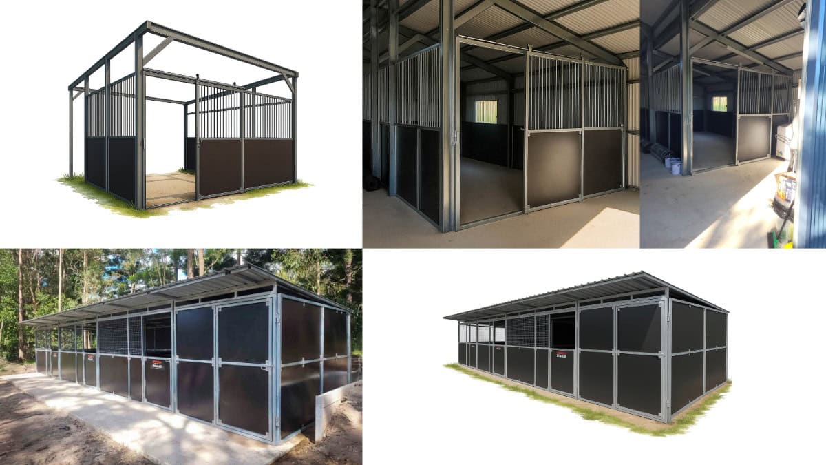 Five-panel comparison showing AI-generated adjustments to shed and horse stable photos. Edits include enhanced lighting, cleaned fore/background, perspective, and illustrative renders for use on a local business website.”