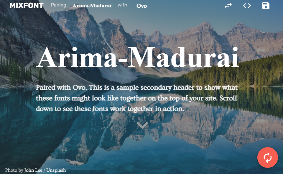 Mountain lake with font preview Arima-Madurai Ovo.