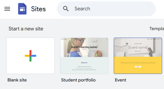 Google Sites template options: blank, portfolio, event