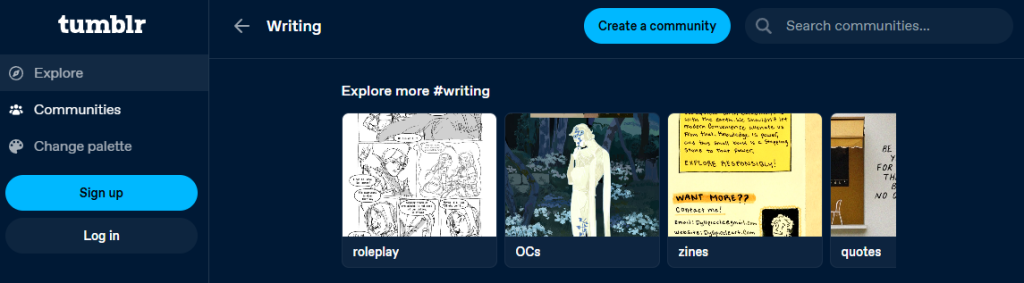 Tumblr writing community categories: roleplay, OCs, zines, quotes.