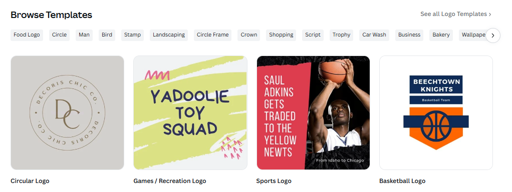 Logo templates: circular, toy, sports, basketball designs.