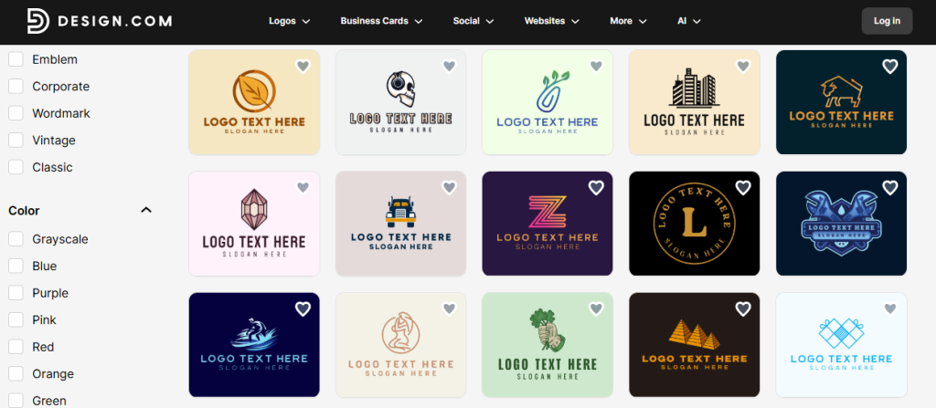 Design.com logo template collection, various styles and colours.