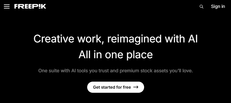 AI-generated website homepage mockup with a dark background, promoting creative work with integrated AI tools and premium stock assets. Features a call-to-action button to get started for free.