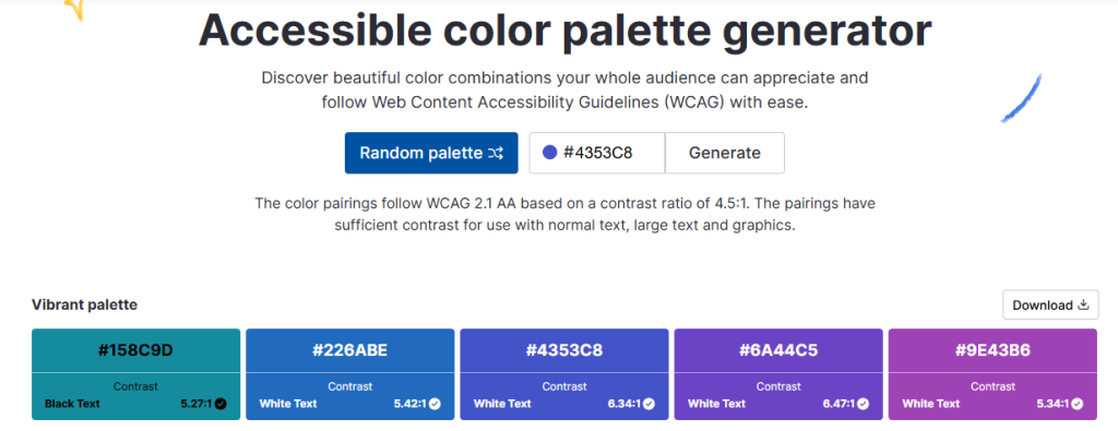 Bright, accessible website colour palette generator for web design, ensuring WCAG compliance with high contrast ratios for optimal readability and user accessibility.