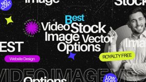 Video stock image featuring a professional man pointing at the text, promoting high-quality video stock options for website design, with free royalty images and vector choices.