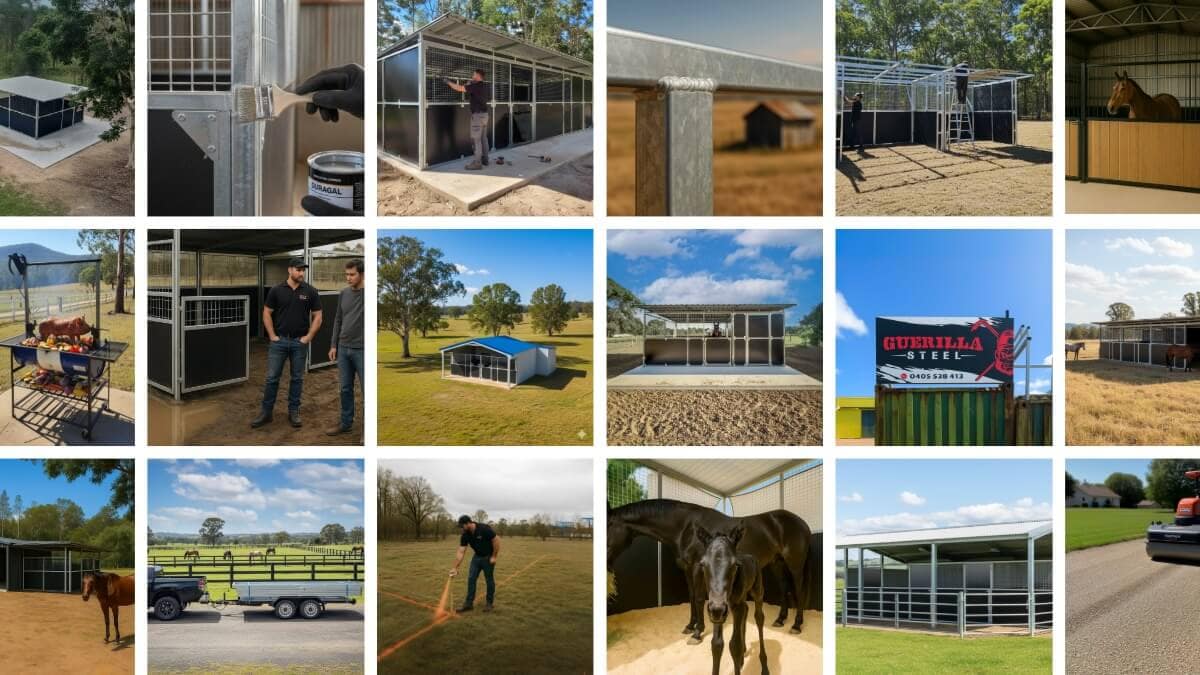 Gallery of AI-enhanced images for Guerrilla Steel, including product shots, stables, horses, and rural Queensland landscapes. Created with NanoBanana and Sora to enhance colour, lighting, and realism for website and blog visuals.