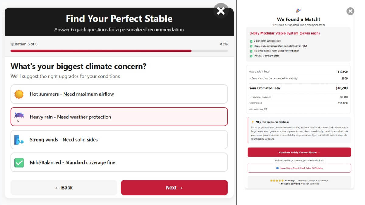 Interactive Stable Finder quiz interface from Guerrilla Steel website, showing personalised recommendations and automated pricing