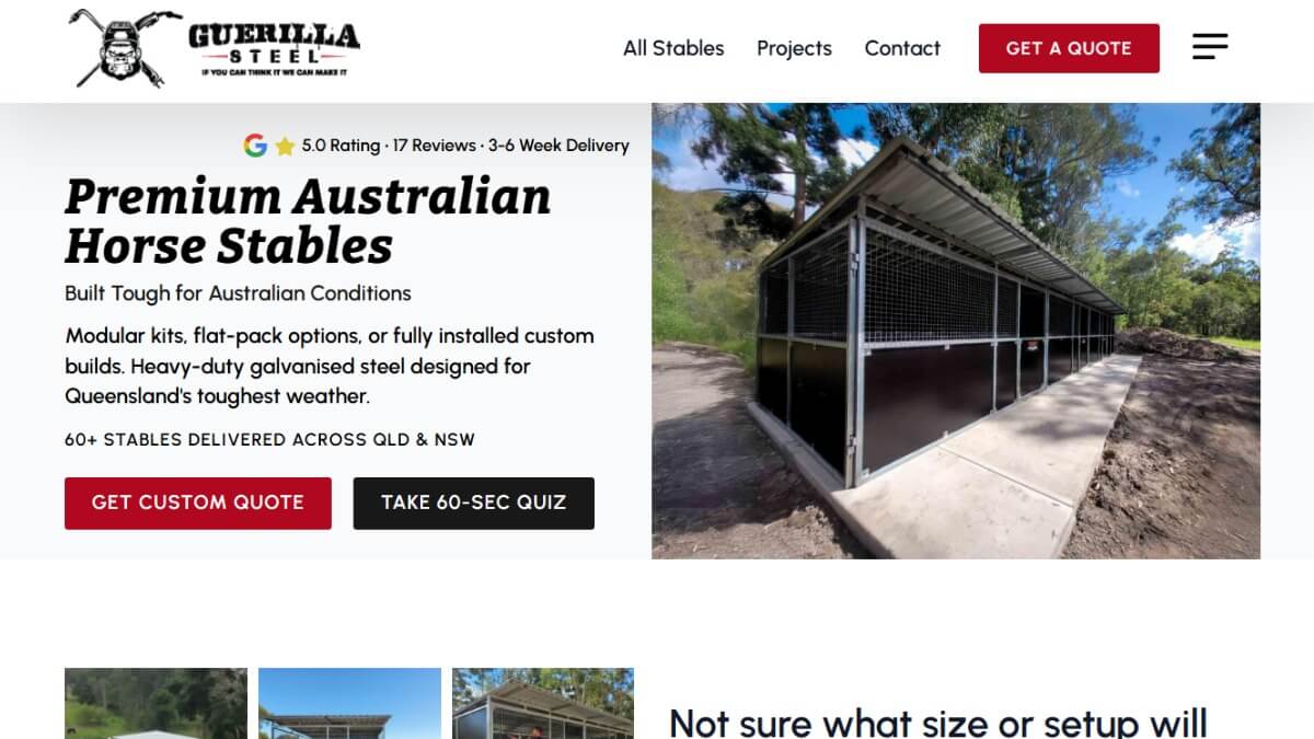 Guerrilla Steel homepage redesign showcasing premium Australian horse stables with quote buttons and conversion-focused layout.