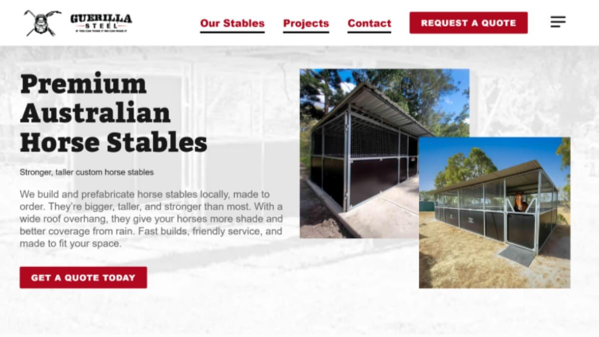 SEO-driven content redesign for Guerrilla Steel stables page, featuring optimised copy, schema, and layout improvements.