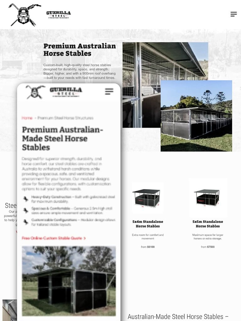 Homepage design for Guerrilla Steel website showcasing premium Australian horse stables
