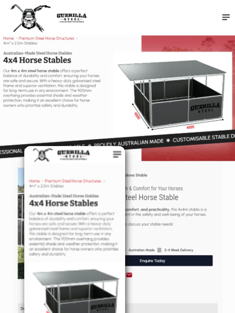 Guerrilla Steel stables product page design displaying modular stable options and mobile responsiveness.
