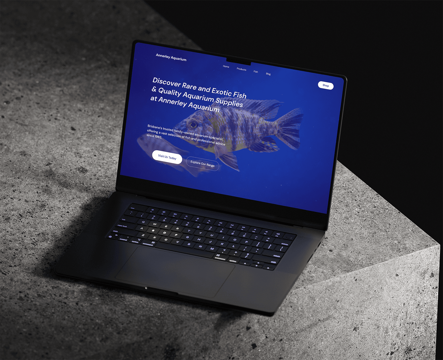 Laptop displaying aquarium website on concrete table.