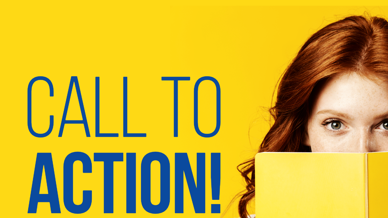 Woman with book, call to action