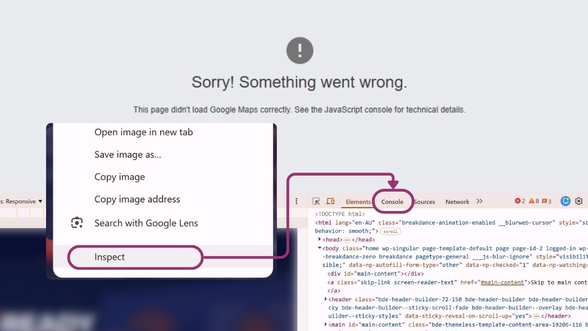 Google Maps error with inspect console open