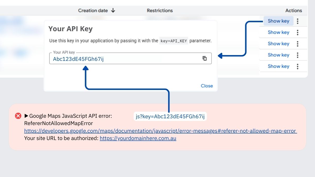 Google Maps API key error troubleshooting example