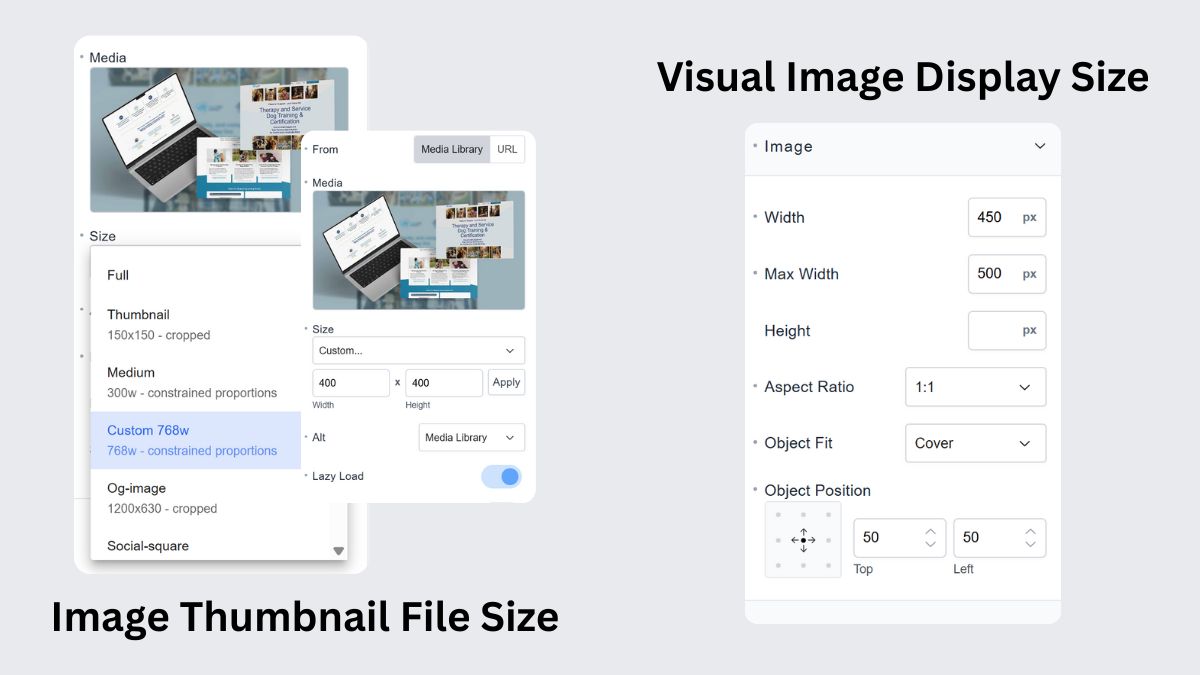 Image file size and display settings comparison in Breakdance