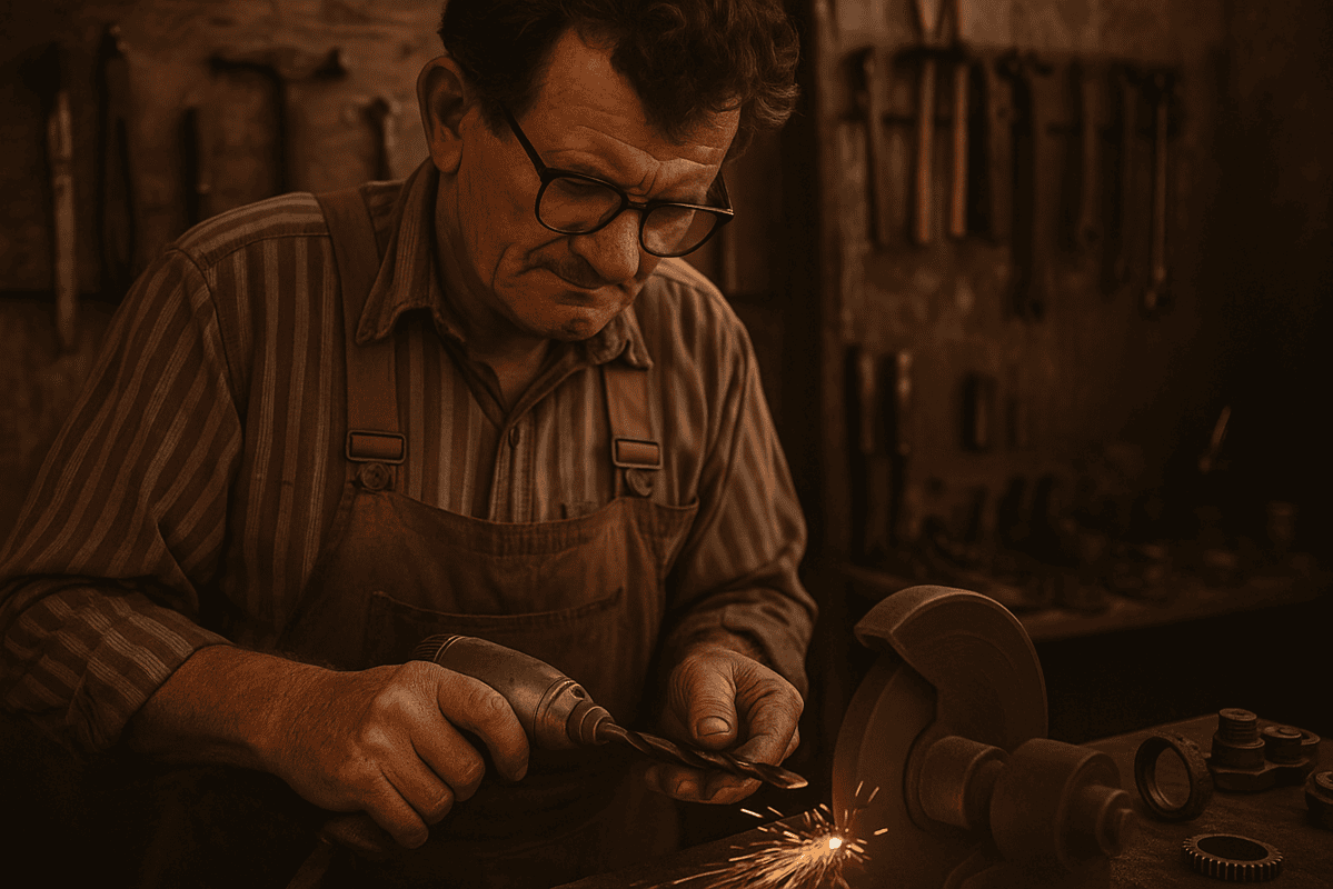 Craftsman sharpening tool in workshop.