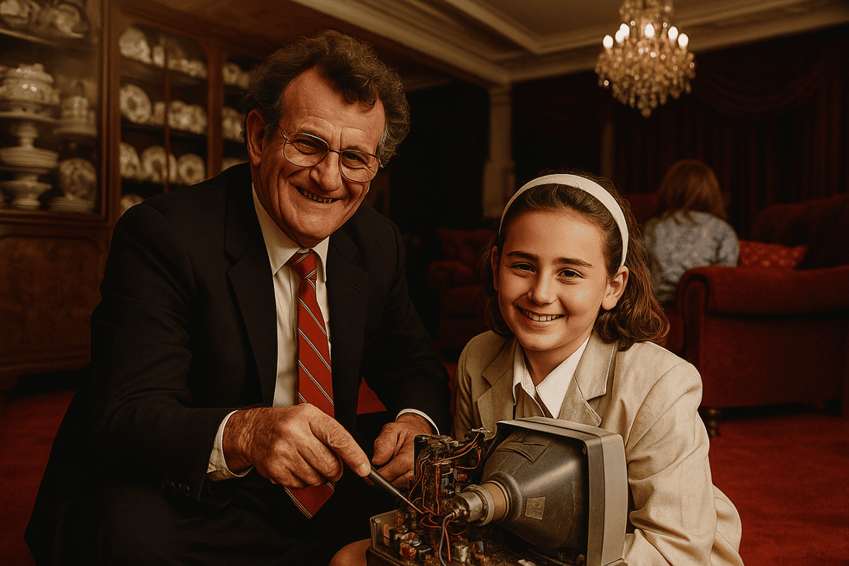 Boardroom presentation, happy elder man teaching young girl about computer repair, vintage electronics, education, knowledge sharing, intergenerational learning, technology skills, mentoring, classroom training, creative learning environment.