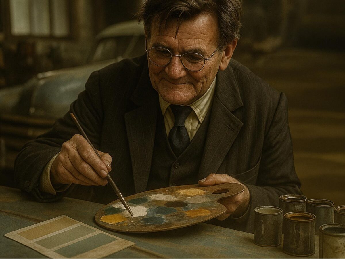 Creative man painting with palette and brushes in vintage setting, representing artistic creativity and craftsmanship - ideal for arts, design, and creative business websites.