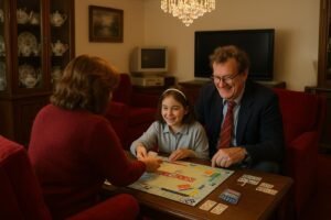 Relaxed family enjoying a game of Monopoly at home, sitting on red velvet sofas in a cozy living room with vintage decor and a chandelier.