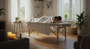 Relaxing massage therapy session in a cosy wellness room with natural light, lush plants, and calming candles, promoting health and wellness.