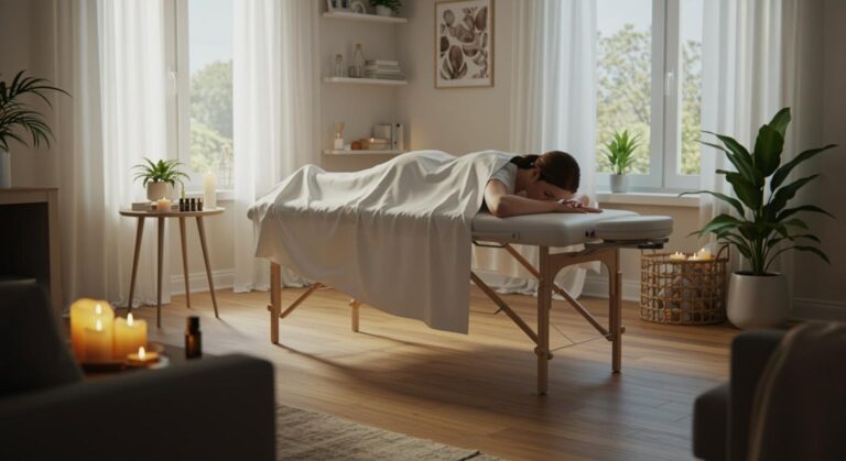 Relaxing massage therapy session in a cosy wellness room with natural light, lush plants, and calming candles, promoting health and wellness.