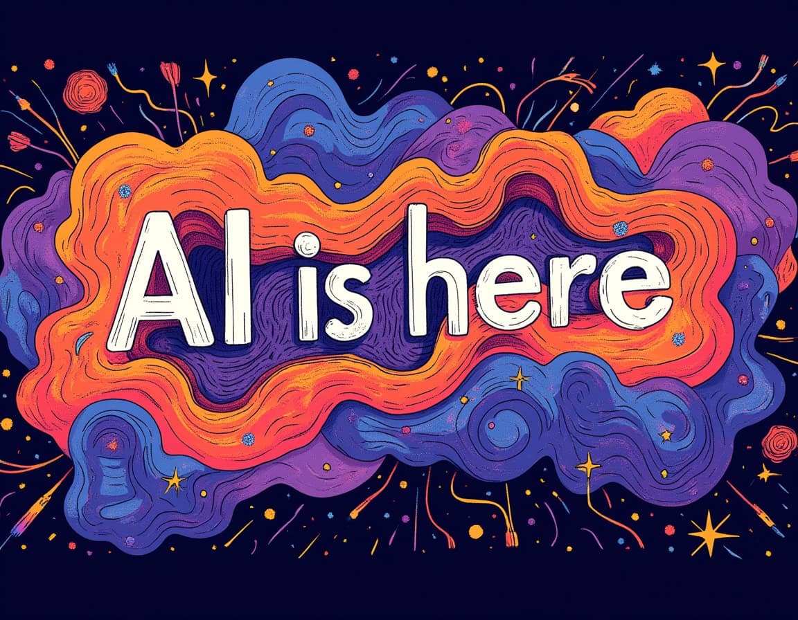 A colourful abstract background with swirling patterns and sparkles, featuring the bold text "AI is here" in white. Bright, dynamic design emphasizing innovation and technology.